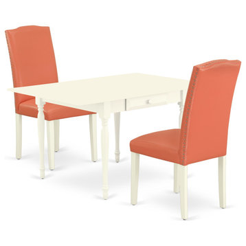 3-Piece Table Set For 2 Table, 2 Parsons Dining Chairs-Pink Flamingo Pu Leather