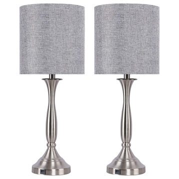 25.5" Brushed Nickel Table Lamps, USB Port Base and Gray Linen Shades, Set of 2