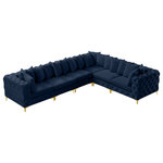 Meridian Furniture - Tremblay Modular Sectional, Navy, L-Shaped, 6-Piece: Armless (3), Corner (3) - Lean back and relax on this Tremblay sectional. Featuring soft navy velvet upholstery with deep button tufting, this sectional adds a bold touch to any living space. A complete set of gold and chrome legs are included, so you can change it up to suit your home decor. This sectional is modular, so you can create infinite configurations with it, which are easily attached using the latch underneath the frame. Its contemporary design is perfect for the modern home.