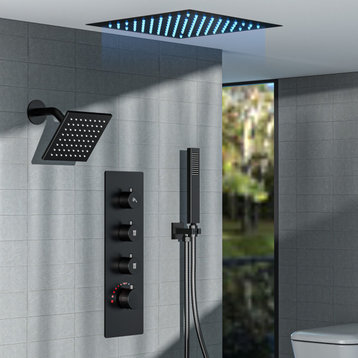 LED Dual Heads 12" Rain Shower System With Thermostatic 4-Way Faucet, Matte Black