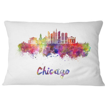 Colorful Chicago Skyline in Watercolor Cityscape Throw Pillow, 12"x20"