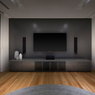Large trendy light wood floor home theater photo in Canberra - Queanbeyan with a wall-mounted tv