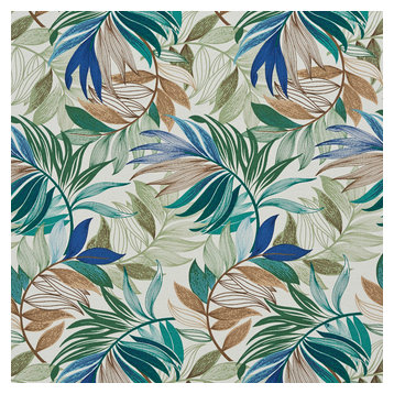 Teal, Beige and Green Vibrant Leaves Outdoor Upholstery Fabric By The Yard