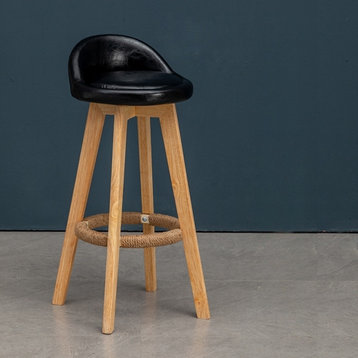 Retro-Styled Rotating High Bar Stool Made of Solid Wood, Black, Wax Oil Leather
