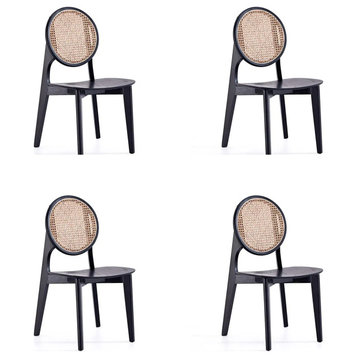 Set of 4 Patio Dining Chair, Ash Wood Frame With Round Cane Back, Black/Natural