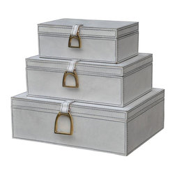 Nested Gray-White Leather and Brass Decorative Boxes (Set of 3) - Decorative Boxes