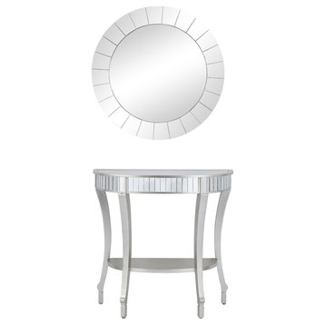 Elegant Console Table With Round Wall Mirror, Curved Legs & Lower Shelf, Silver