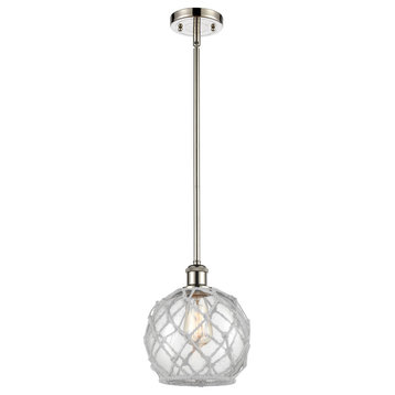 Farmhouse Rope 1-Light Pendant, Polished Nickel, Clear Glass With White Rope