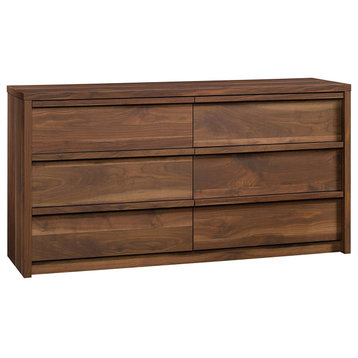 Modern Double Dresser, 6 Spacious Drawers With Integrated Pulls, Grand Walnut