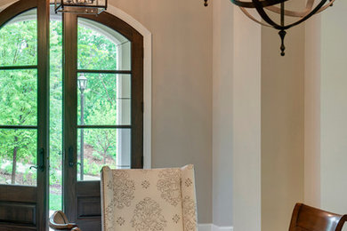Photo of a large mediterranean open plan dining in Minneapolis with grey walls, dark hardwood floors and no fireplace.