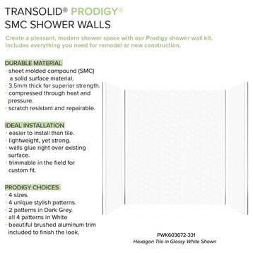 Transolid PWK603672-331 Prodigy 60"x36"x72" Shower Wall Kit, White Hexagon