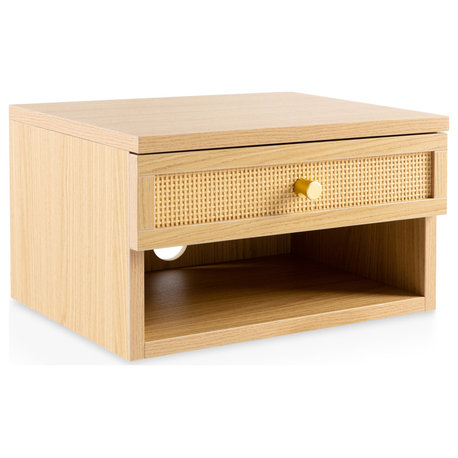 15.71"Wall Mounted Nightstand w/ Soft-Close Rattan Drawer, Cable Hole, Light Oak