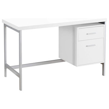Contemporary Desk, Silver Legs With Spacious Thick Paneled White Top and Drawers