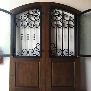 Round Top Iron Grille Operational Wood Artistic Double Door