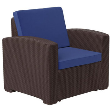 Seneca Brown Faux Rattan Chair with All-Weather Navy Cushion
