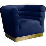 Meridian Furniture - Bellini Velvet Upholstered Chair, Navy - Add a bit of pizzazz to your living space with this Bellini Navy Velvet Chair from Meridian Furniture. Rich navy velvet upholstery offers you a luxurious place to curl up with a good book or rest in front of the TV after a long day, while horizontal Channel tufting creates texture and style. Its gold stainless steel base provides solid support, while adding to the chair's contemporary appearance. Its uniquely curved shape makes this piece a perfect addition to any room in your modern home.