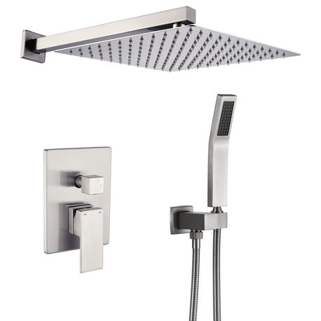 Wellfor Shower Faucet with Rain Shower Head, Handheld Shower and Valve, Brushed Nickel, 12" Shower Head