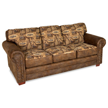 Classic Sofa, Rolled Arms With Nailhead & Fisher Patterned Microfiber, Brown