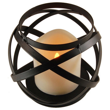 Metal Lantern, Warm Black Banded Design With Battery Operated Candle