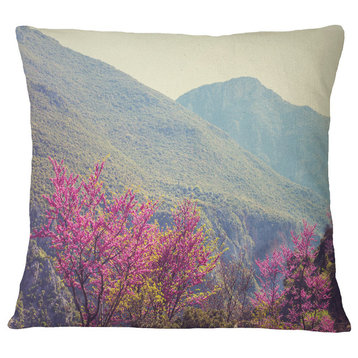 Pink Blossoming Flowers in Mountains Floral Throw Pillow, 16"x16"