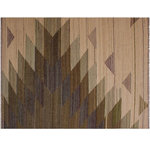 Bareens Designer Rugs - Eclectic Turkish Kilim Singleta Hand-Woven Wool Rug - 6'7'' x 7'11'' - Elevate the elegance of your home with this stunning hand-woven tribal Kilim wool rug. Meticulously crafted on a loom by the Nomad Turkman people using hand-spun wool and 100% natural vegetable dyes, these rugs are recognized for their repetitive geometric patterns, incorporating naturalistic floral and traditional designs. The contemporary fashion palette results in bold, sharp patterns that are incredibly versatile, as the pattern is the same on both sides. These reversible rugs feature a lighter shade on one side and brighter colors on the other, providing versatility according to preference. These unique rugs are made by knotting short strands of different colors onto the warps and securing them by tightly pressing the wefts. The designs are created by interweaving the various colored wefts and warps. Kilims are known for their exceptional durability and versatility, making them truly unique rugs.  Product Details    Rug Size: 6'7'' x 7'11''  Material: 100% Wool  Style: Kilim, Flat Weave, Dhurrie, Turkish, Southwestern, Rustic, Tribal  Colors: Natural, Brown  Weave Type: Hand-Woven, Handmade  Pile Height: Less than 0.25 inch