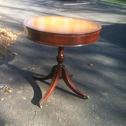 Vintage Round Leather Top End Table - Products