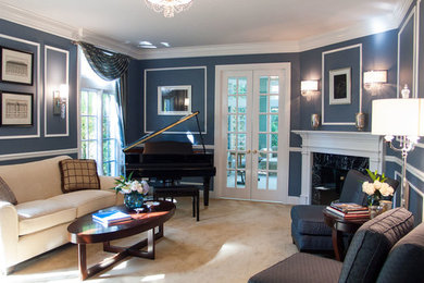 Huge transitional carpeted living room photo in Chicago with blue walls, a standard fireplace and a tile fireplace