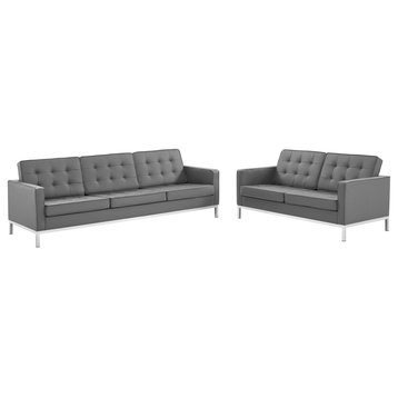 Loft Tufted Upholstered Faux Leather Sofa and Loveseat Set, Silver Gray