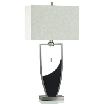 Brushed Steel Table Lamp Two-Tone Open Design Base Heathered Oatmeal