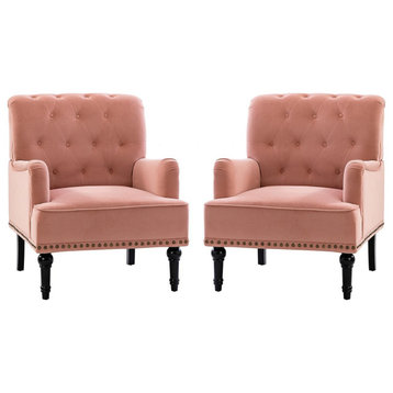 Upholstered Tufted Comfy Accent Armchair With Nailhead Trim Set of 2, Pink