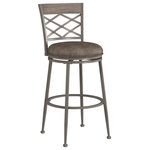 Hillsdale Furniture - Hillsdale Hutchinson Swivel Bar Height Stool - Inspired by the classic garden lattice design, Hillsdale Furniture's Hutchinson stool  is sure to be  ideal for your kitchen or dining area. Constructed of metal in a pewter finish, the Hutchinson Stool features a low profile back with a weathered gray wood detailing framing the top.  A perfect addition to your home, this stool features a comfortable round, 360 degree wood swivel seat in a rich aged gray fabric.  Assembly required.