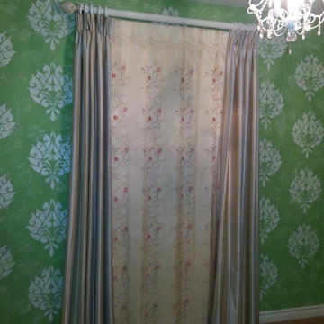 Girls Bedroom, Custom Stencil Walls Pinch Pleat Drapery Embroidered panel