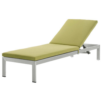 Lounge Chair Chaise, Aluminum, Metal, Silver Green, Modern, Outdoor Patio Cafe