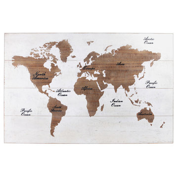 Wood Rectangle Panel Giclee Print of "World Map" Natural Finish Brown