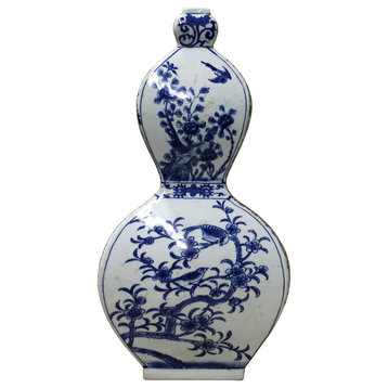 Chinese Blue White Porcelain Flower Bird Graphic Flat Gourd Shape Vase cs2460