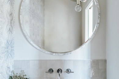 Inspiration for a small transitional gray tile powder room remodel in Portland Maine with white walls, a vessel sink, wood countertops and beige countertops