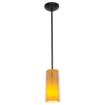 Glass`N Glass Cylinder 1-Light Pendant, Oil Rubbed Bronze/Clear Amber, 4.5"x4.5"x10", Incandescent