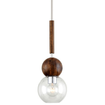 Arlo 1 Light Mini Pendant - Polished Stainless Steel and Natural Acacia Finish