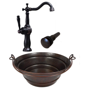 15"  Copper Bucket Vessel Bath Sink, 13" Claymore ORB Faucet & Pop-Up Drain