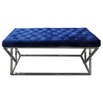Best Master Tufted Velvet Upholstered Bench with Stainless Steel Frame in Blue