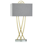 StyleCraft - Vida Table Lamp Brass Finish On Metal With Crystal Base Hardback Shade - Embodying minimalist contemporary style, the Harp and Finial Vida Table Lamp offers a variety of uses in the home. The curvilinear metal body in brass finish is complemented by a square hardback linen shade and simple crystal base. This effortless table lamp deftly blends in with a modern environment on a side table, console table, or buffet.