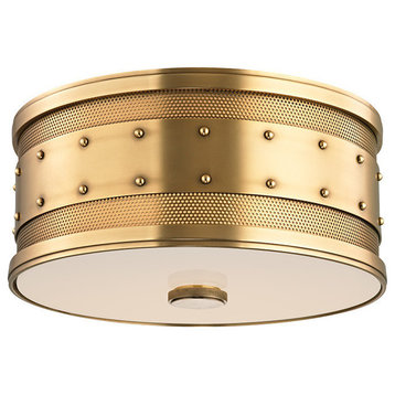 Gaines, 12" Flush Mount, Aged Brass Finish, Frosted Inside-Clear Outside Glass