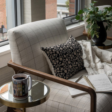Warm Textural Living Room With Navy Sofa Neutral Grasscloth Wallpaper Woven Shad
