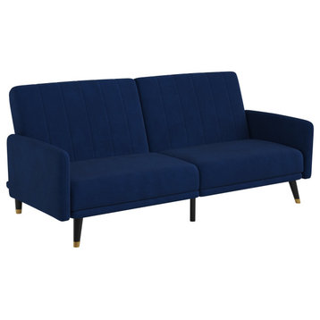 Retro Modern Futon Sofa, Velvet Fabric Seat & Channel Tufted Split Back, Navy