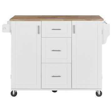 Rubberwood Kitchen Cart, ISpice Rack, 2 Slide-Out Shelf, and 3 drawer, White