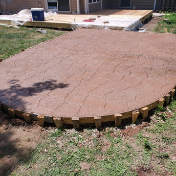 Stamped concrete, cedar deck