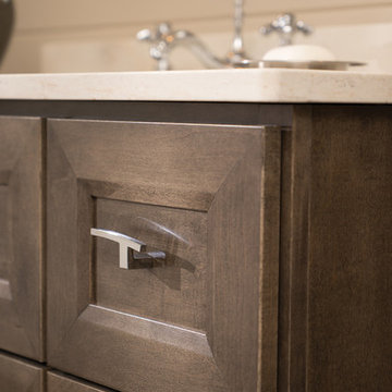 Close Up of a Beveled Flat Panel Cabinet Door on a Furniture Style Bath Vanity