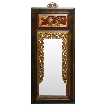 Antique Dark Brown Gilded Elmwood Panel Oriental Mirror