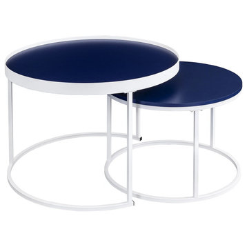 Set of 2 Contemporary Coffee Table, Nesting Design With Round Top, White/Blue