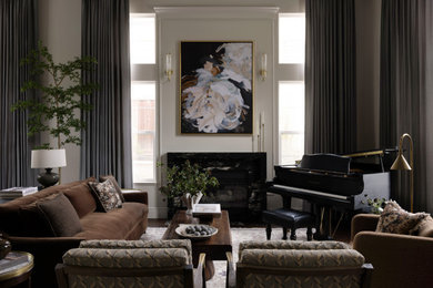 Tuscan open concept dark wood floor and brown floor living room photo in San Francisco with white walls, a ribbon fireplace and a stone fireplace